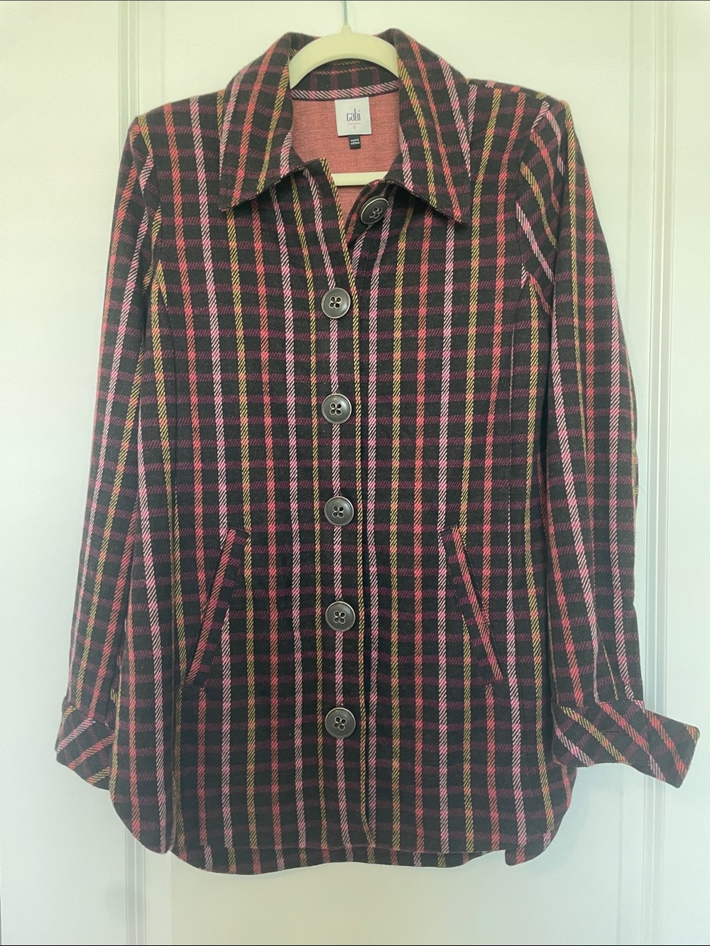 CAbi Black, Pink & Yellow Plaid Button-Front Pea Coat